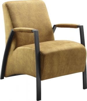 Grandola fauteuil afgebeeld in de fluweelachtige stof Adore 132 gold, frame mat zwart metaal. Verkrijgbaar in diverse kleuren stof, leder of microleder. Onderstel tevens leverbaar in chroom en geborsteld chroom.