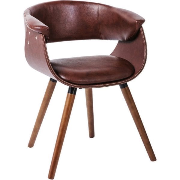 Kare Design Armstoel Nougat 81837 Moderne retro. Deze comfortabele stoel oogt luxueus en voortreffelijk. Zitting, rugleuning en zitschaal zijn bekleed met fijn bruin kunstleer. Uitgebreide details zoals witte contraststiksels. Een ingenieus ontwerp - ideaal om te zitten. - Lowik Meubelen