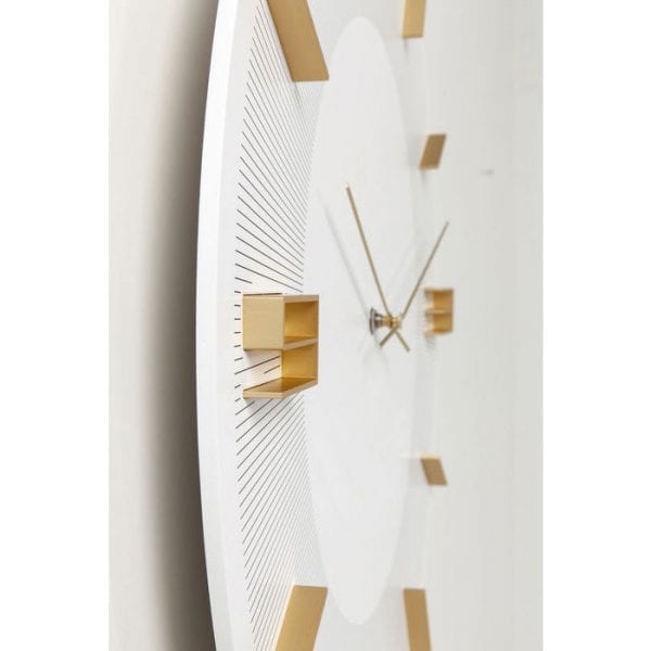 Wandklok Leonardo White/Gold 52052 Clock-face: Medium density fibreboard (MDF) Lacquered, Aluminum lacquered, Back panel: Acrylonitrile butadiene styrene, Hands: Aluminum lacquered, Battery excluded AA LR6 1,5V Mignon Kare Design