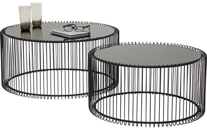 Kare Design Wire Salontafel - Set Van 2 - Zwart Metaal Met Glazen Tafelblad