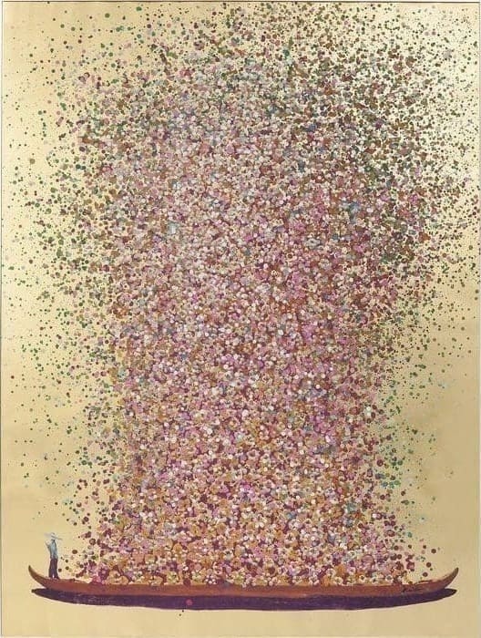 Schilderij Touched Flower Boat Goud Roze 100x80cm 65740 foto: linnen vlas, lijst: sparren massief hout natuurlijk / onbehandeld Kare Design