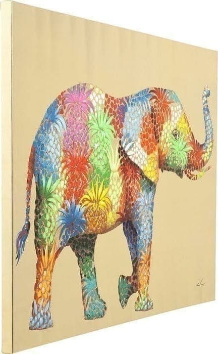 Foto aangeraakte bloem Elefant 90x120cm 60441 Mooie foto met een wow-effect. De levendige olifant onderscheidt zich tegen de gouden achtergrond. Dit kleurrijke dier betovert met dromerige en speelse momenten. De details zijn gedeeltelijk met de hand geschilderd en maken elke foto uniek. Kare Design