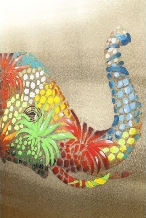 Foto aangeraakte bloem Elefant 90x120cm 60441 Mooie foto met een wow-effect. De levendige olifant onderscheidt zich tegen de gouden achtergrond. Dit kleurrijke dier betovert met dromerige en speelse momenten. De details zijn gedeeltelijk met de hand geschilderd en maken elke foto uniek. Kare Design