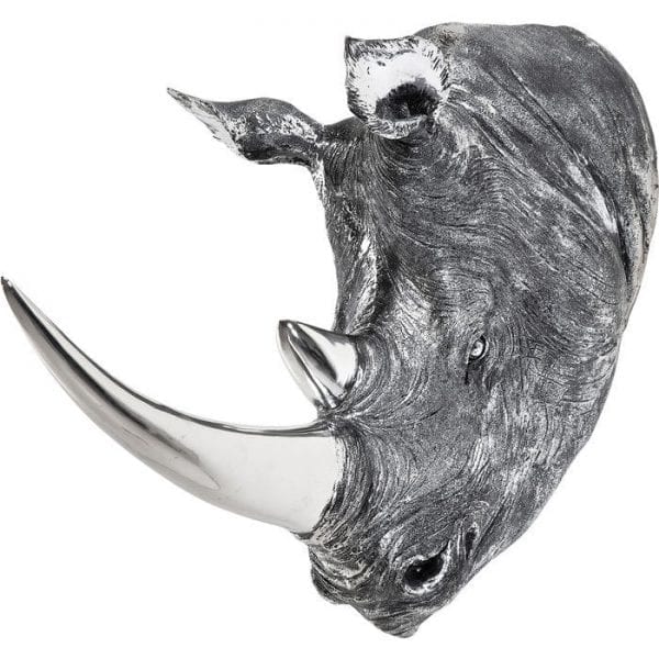 Deco Head Rhino Antique 32837 Betoverende neushoorn s hoofd in een rijke zilveren look. Een decoratieve neushoorn s hoofd met een speciale oppervlakte ontwerp voor echte antieke beroep. Met hun hoogglanzende afwerking detwee hoorns zorgen voor een aantrekkelijke touch. Detailrijk ontwerp. Kare Design