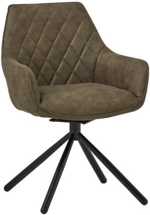 Armstoel Rebel is een eigentijdse stoel uitgevoerd met een stijlvol ruitvormig stiksel in de rug. De zitting van de stoel is draaibaar, en heeft een z.g.n. memory functie. De zitting zal terugkeren in de oorspronkelijke stand. Uitgevoerd in microvezelstof Cowboy 411-olive met zwarte metalen poten met draaifunctie. Afmeting: (hxbxd) 083x059x065 cm
