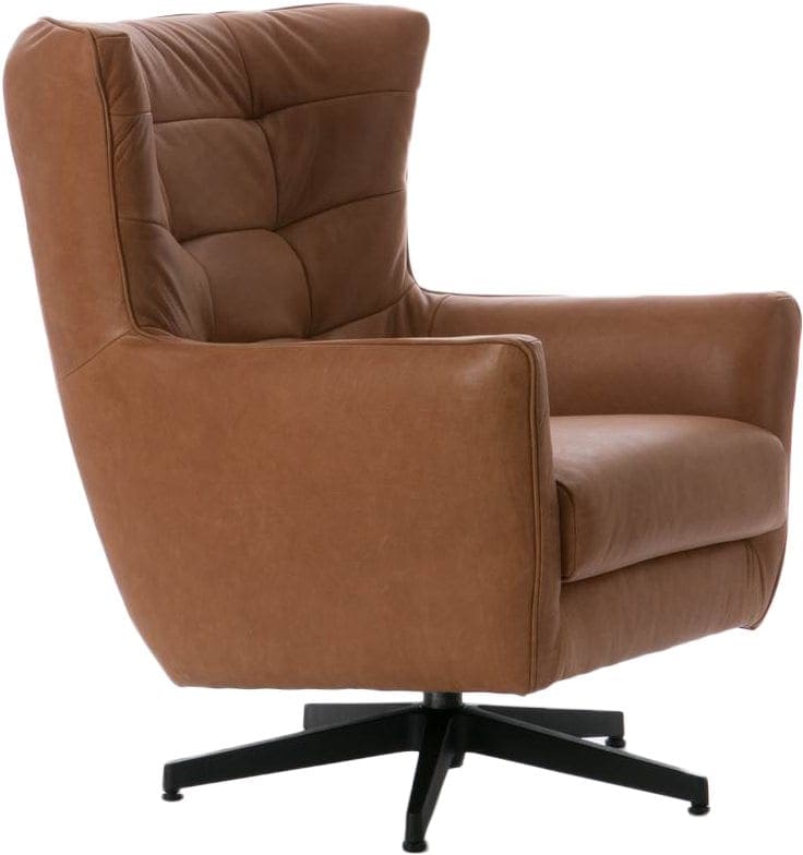 Carmelo fauteuil, schitterende design draaifauteuil in leder Vintage cognac, met zwarte metalen stervoet