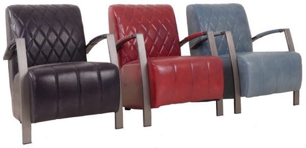 Diamond fauteuil in handwashed buffelleder in kleur zwart, rood en petrol glossy