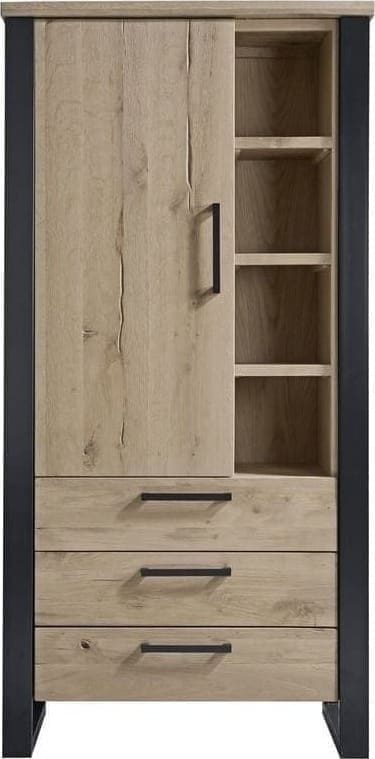 Opbergkast Verato naturel grey uit de woonprogramma Pronto Wonen Lowik Meubelen Uitgevoerd in robuust geborsteld eiken in de kleur 67.5 naturel grey, met 1 deur, 3 laden en 4 open vakken en zwart metalen frame.