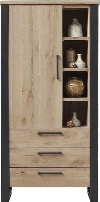 Opbergkast Verato naturel grey uit de woonprogramma Pronto Wonen Lowik Meubelen Uitgevoerd in robuust geborsteld eiken in de kleur 67.5 naturel grey, met 1 deur, 3 laden en 4 open vakken en zwart metalen frame.