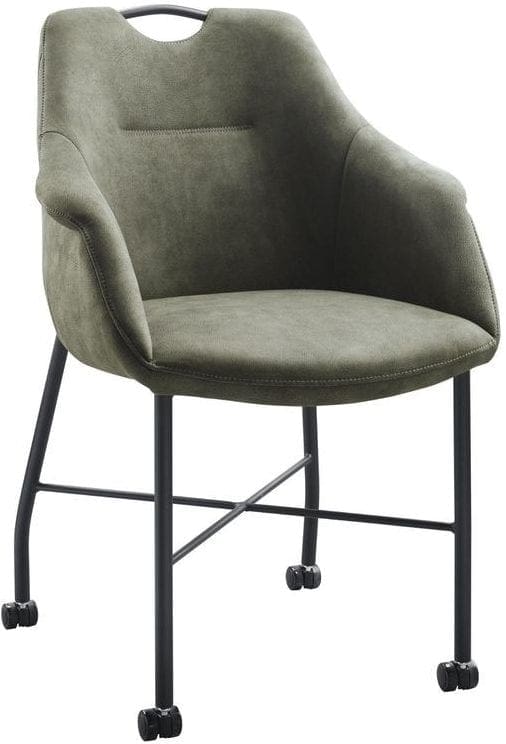 Eetkamerstoel Lucide microvezel luxor moss uit de eetkamerstoelen Pronto Wonen Lowik Meubelen Uitgevoerd in microvezelstof luxor moss met handgreep, zwarte metalen poten en wieltjes.