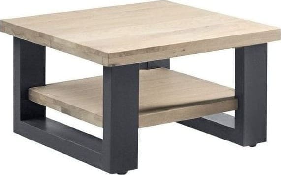 Hoektafel Verato 70x70 natural grey uit de woonprogramma Pronto Wonen Lowik Meubelen Uitgevoerd in massief, robuust geborsteld eiken in de kleur 67.5 naturel grey en zwart metalen poten.