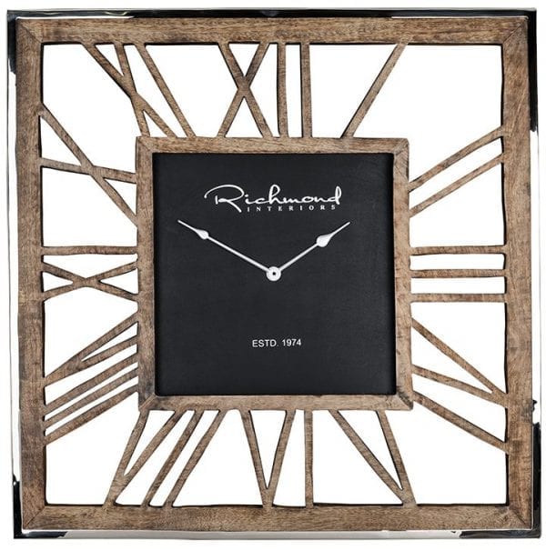 Clock Everson metal square Antraciet/Hout Aluminium/mangohout, uit de Richmond Decoration, Bestsellers collectie - Accessoires - Löwik Wonen & Slapen Vriezenveen