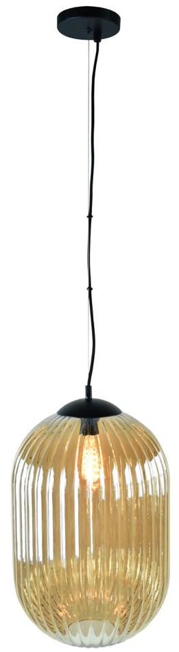 Glam--L hanglamp 1x E27 amber ribbel glas dia 49cm  / zwart - ETH verlichting - 05-HL4573-3062