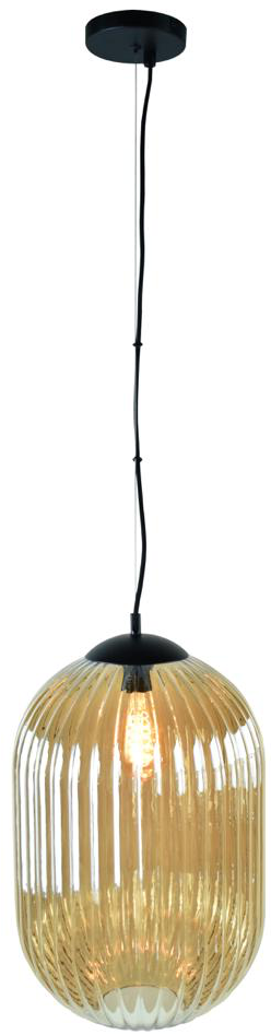Glam--M hanglamp 1x E27 amber ribbel glas dia 30cm  / zwart - ETH verlichting - 05-HL4571-3062