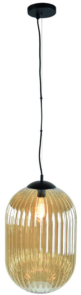 Glam--S hanglamp 1x E27 amber ribbel glas dia 20cm  / zwart - ETH verlichting - 05-HL4569-3062