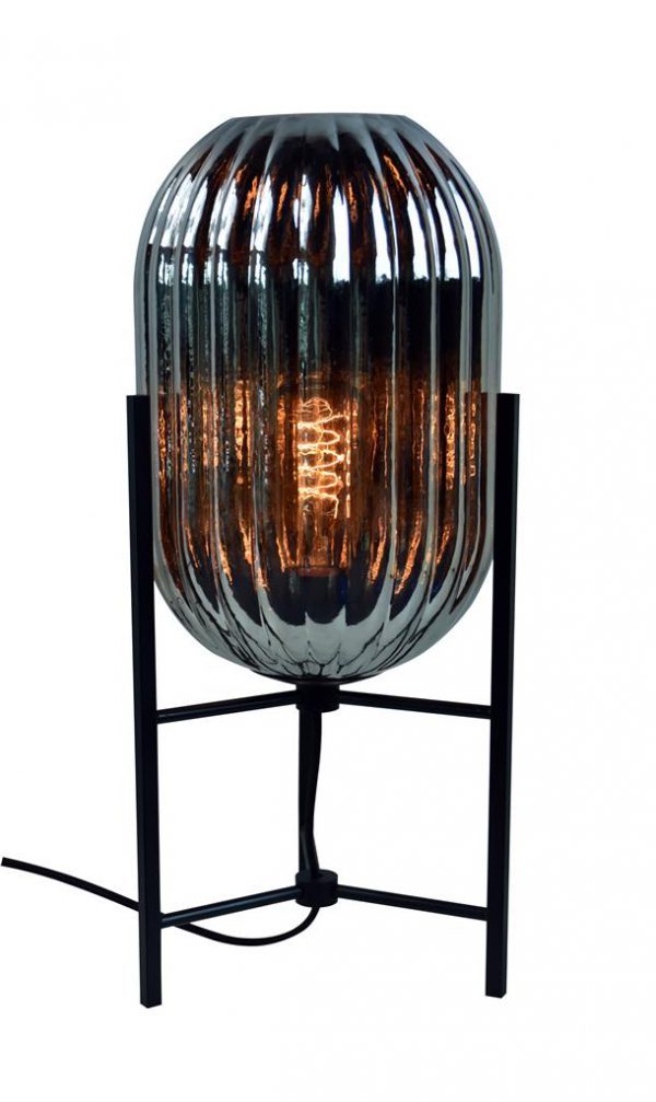 Glam--S tafellamp 1x E27 H45 smoke ribbel glas dia 20cm / zwart - ETH verlichting - 05-TL3369-3036