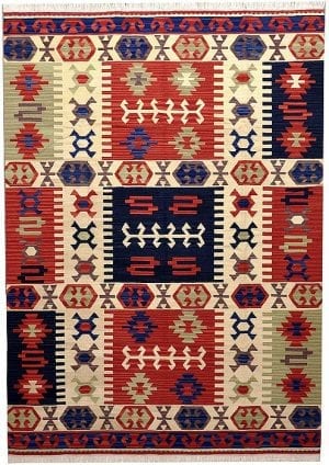Vloerkleed Kelim Jo-12 1328 - Handgeweven Kelim (platweef in wol). Stylistische patronen in vrolijke kleuren.