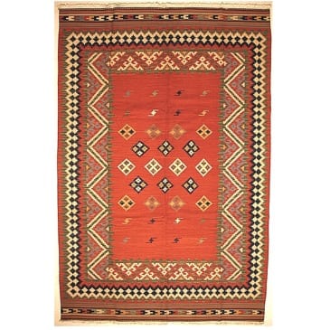 Vloerkleed Kelim Jo-13 1447 - Handgeweven Kelim (platweef in wol). Stylistische patronen in vrolijke kleuren.