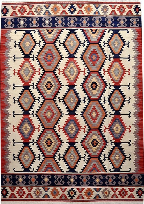 Vloerkleed Kelim Jo-17 1441 - Handgeweven Kelim (platweef in wol). Stylistische patronen in vrolijke kleuren.
