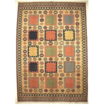 Vloerkleed Kelim Jo-5 1389 - Handgeweven Kelim (platweef in wol). Stylistische patronen in vrolijke kleuren.