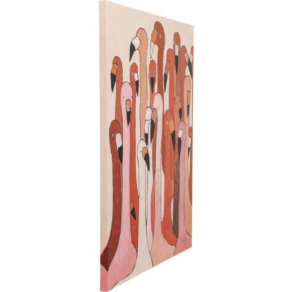 Schilderij Touched Flamingo Meeting 120x90cm 60444 foto: linnen vlas, acrylverf, lijst: spar vast hout natuurlijk / onbehandeld, deels met de hand geschilderd Kare Design