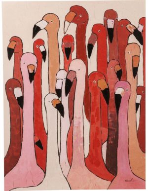 Schilderij Touched Flamingo Meeting 120x90cm 60444 foto: linnen vlas, acrylverf, lijst: spar vast hout natuurlijk / onbehandeld, deels met de hand geschilderd Kare Design