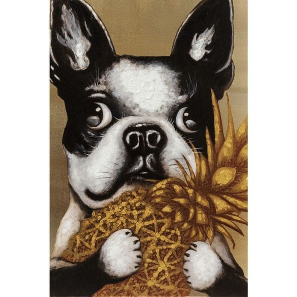 Schilderij Touched Dog with Pineapple 80x80cm 60442 A fabulous picture. The cute dog in black and white stands out against the golden background. The little pet enchants with a golden pineapple in its paws. The details are partly hand-painted and make each picture unique. Kare Design
