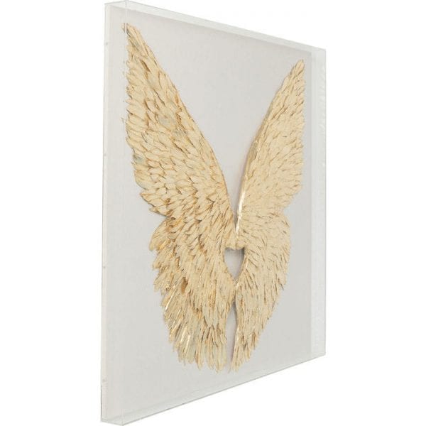 Wanddecoratie Wings Gold White 120x120cm 60923 Wings without angels - Engelachtige wanddecoratie zonder de geringste hint van kitsch. Deze glanzende zilveren vleugels op een zwarte achtergrond stralen een coole esthetische charme uit. De driedimensionale Wings-wanddecoratie is een engelachtig beeldhouwwerk zonder engelen, maar het zou gemakkelijk zijn om ze daar voor te stellen. Tegelijkertijd zijn de vleugels die rijk zijn aan detail op zichzelf al mooi genoeg. Er is iets mystieks aan dit symmetrische object dat het oog aantrekt als bij toverslag. Kare Design