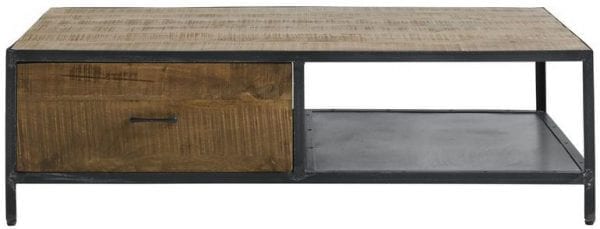 Salontafel 120x60 Calde Uitgevoerd in mangohout in de kleur lichtbruin en old grey metal frame, met 1 lade en 1 open vak. Tafels Profijt Meubel Lowik Meubelen