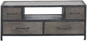 TV-meubel Ambala Uitgevoerd in mangohout grijs met 4 laden en 1 open vak, met metalen frame.