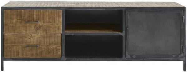 TV-meubel Calde 157cm Uitgevoerd in mangohout in de kleur lichtbruin en old grey metal frame, met 1 deur, 2 laden en 2 open vakken. Kasten Profijt Meubel Lowik Meubelen