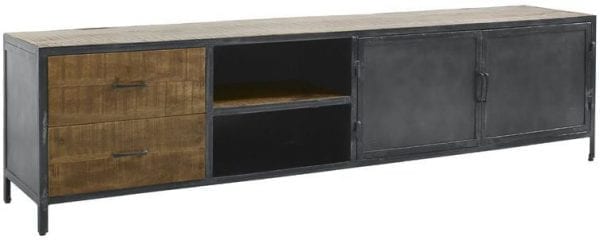 TV-meubel Calde 208cm Uitgevoerd in mangohout in de kleur lichtbruin en old grey metal frame, met 2 deuren, 2 laden en 2 open vakken. Kasten Profijt Meubel Lowik Meubelen