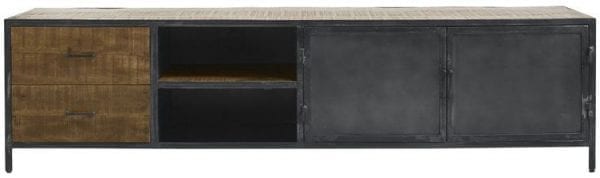 TV-meubel Calde 208cm Uitgevoerd in mangohout in de kleur lichtbruin en old grey metal frame, met 2 deuren, 2 laden en 2 open vakken. Kasten Profijt Meubel Lowik Meubelen Vriezenveen