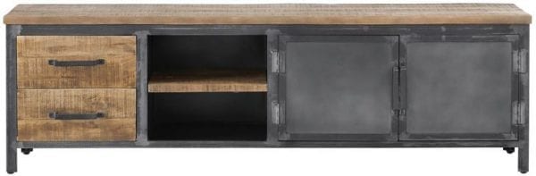 TV-meubel Indusy Uitgevoerd in mangohout in de kleur lichtbruin en old grey metal frame, met 2 deuren, 2 laden en 2 open vakken. Kasten Profijt Meubel Lowik Meubelen