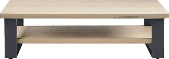Salontafel Verato 140x70 natural grey uit de woonprogramma Pronto Wonen Lowik Meubelen Uitgevoerd in massief, robuust geborsteld eiken in de kleur 67.5 naturel grey en zwart metalen poten.