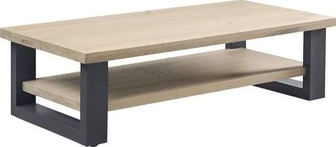 Salontafel Verato 140x70 natural grey uit de woonprogramma Pronto Wonen Lowik Meubelen Uitgevoerd in massief, robuust geborsteld eiken in de kleur 67.5 naturel grey en zwart metalen poten.