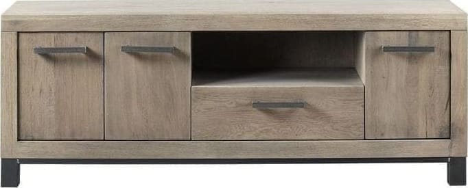 TV-Dressoir Hevano moose uit de woonprogramma Pronto Wonen Lowik Meubelen Uitgevoerd in grotendeels massief robuust eikenhout geborsteld in de kleur 38.5 moose, met 3 deuren, 1 lade en 1 klep.