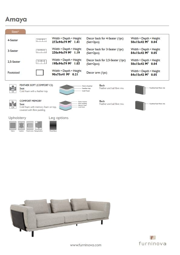 Amaya bank Furninova - afmetingen