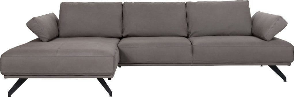 Gemma hoekbank afgebeeld als 2,5-zitsbank arm link + lonfchair rechts in leder Nabuco mole, pootjes in metal black chrome.