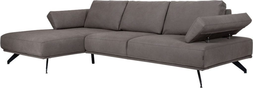 Gemma hoekbank afgebeeld als 2,5-zitsbank arm link + lonfchair rechts in leder Nabuco mole, pootjes in metal black chrome.