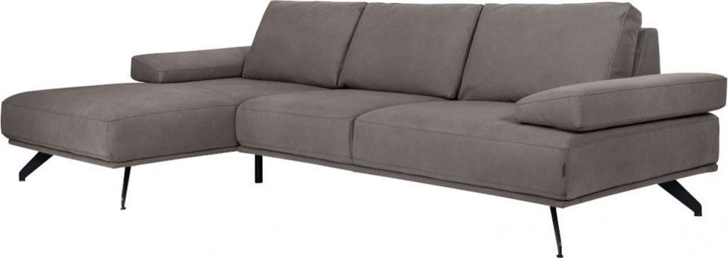 Gemma hoekbank afgebeeld als 2,5-zitsbank arm link + lonfchair rechts in leder Nabuco mole, pootjes in metal black chrome.