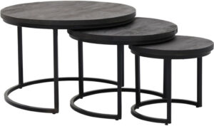 Enzo salontafel black - set/3, is een stoere maar uiterst stijlvolle salontafelset vervaardigd uit hout i.c.m. met metaal. Het zwarte metaal in combinatie met het fraaie zwarte blad geeft het geheel niet enkel een industrieel karakter maar ook een moderne uitstraling. Afmeting: (hxbxd) 48 x 75 x 75 / 40 x 60 x 60 / 36 x 43 x 43 cm.