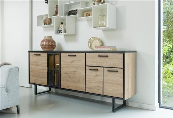 dressoir 230 cm. - 4-deuren + 1-lade + 1-glasdeur (+ LED) Natural