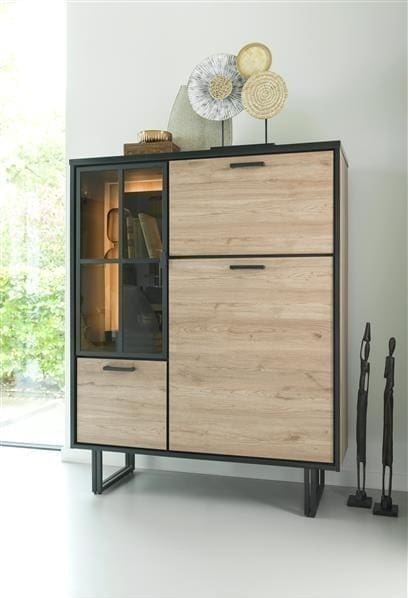 highboard 120 cm. - 2-deuren + 1-glasdeur + 1-klep (+ LED) Natural