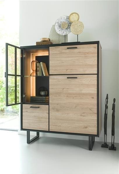 highboard 120 cm. - 2-deuren + 1-glasdeur + 1-klep (+ LED) Natural