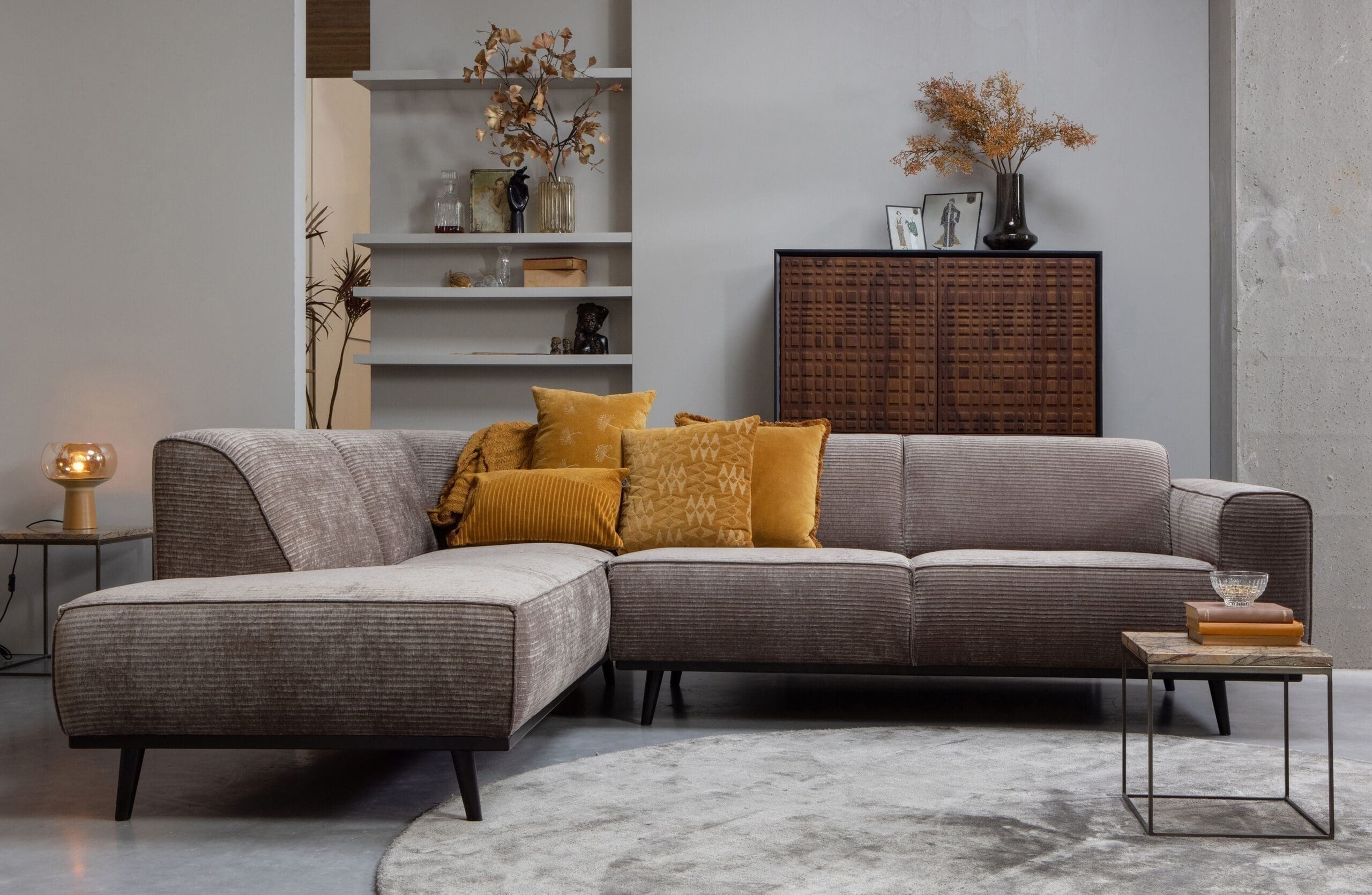 Statement Hoekbank Links Platte Brede Rib - Taupe uit de Banken collectie van BePureHome bij Löwik Meubelen