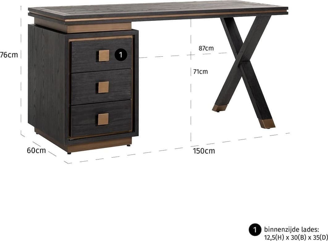 Richmond Interiors Bureau Hunter 3-laden (Brushed Gold) Brushed Gold Bureau