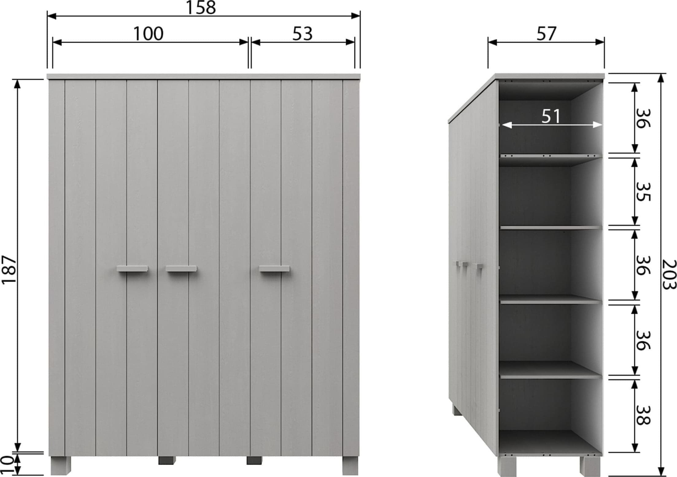 WOOOD Dennis 3-deurs Kast Grenen Betongrijs Geborsteld Concrete grey Kast