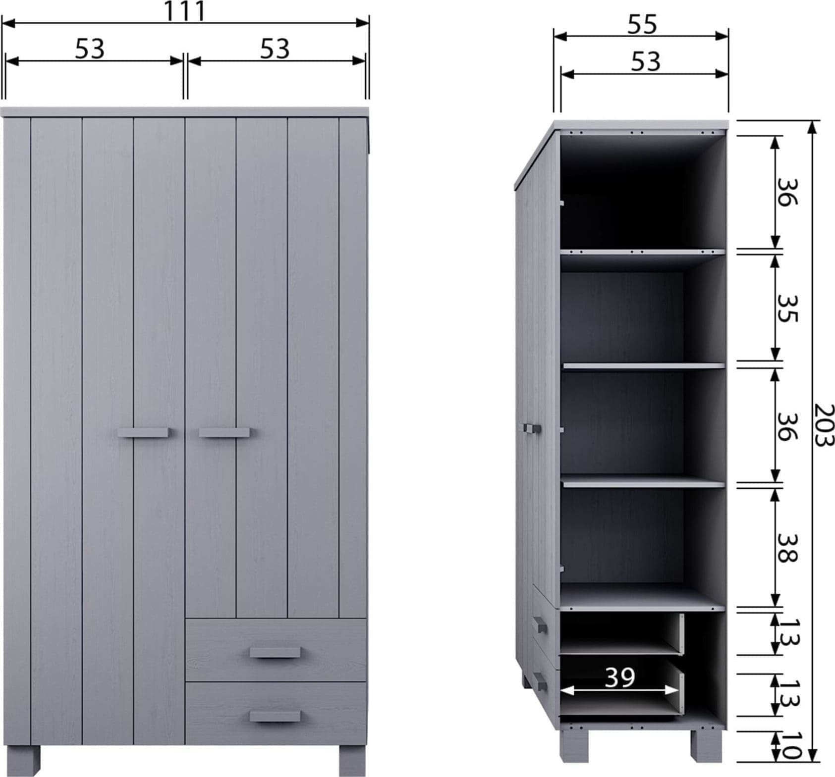 WOOOD Dennis Kast Met Laden Grenen Betongrijs Geborsteld Concrete grey Kast
