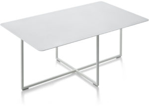 Milos salontafel, exclusief design uit de collectie van Baenks. Vervaardigd uit metaal 100x60 RAL 9016 wit, h39,5x60x100, metalen poten RAL 9016 wit.